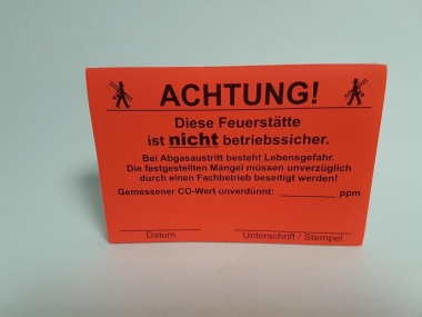 Aufkleber Achtung CO Messung, Diese Feuerstätte ist nicht betriebssicher