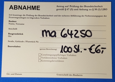 Postkarte Abnahme - Antrag auf Prüfung der Brandsicherheit 50 Stück